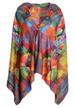 Esarfa dreptunghiulara premium cu doua fete, din matase, cu imprimeu multicolor cubist imagine