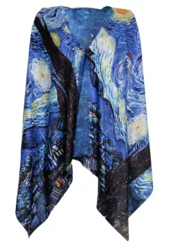 Esarfa dreptunghiulara premium cu doua fete, din matase, dupa pictura celebra a lui Van Gogh   Noapte Instelata imagine