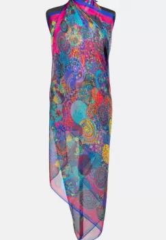 Esarfa dreptunghiulara tip pareo, cu imprimeu mandale multicolore margine albastra si fucsia, din matase si vascoza imagine