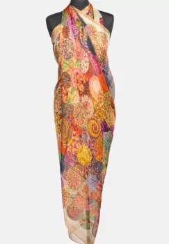 Esarfa dreptunghiulara tip pareo, cu imprimeu mandale multicolore margine maron si bej, din matase si vascoza imagine