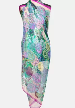 Esarfa dreptunghiulara tip pareo, cu imprimeu mandale multicolore margine mov si roz, din matase si vascoza imagine