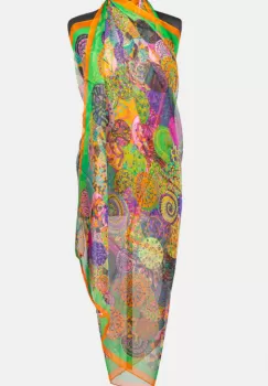 Esarfa dreptunghiulara tip pareo, cu imprimeu mandale multicolore margine portocalie si verde, din matase si vascoza imagine