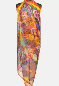 Esarfa dreptunghiulara tip pareo, cu imprimeu mandale multicolore margine rosie si galbena, din matase si vascoza imagine