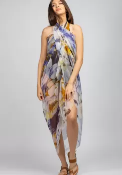 Esarfa dreptunghiulara tip pareo, Silk Feeling, cu nuante de galben si violet imagine