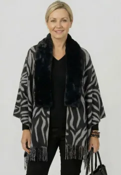 Esarfa eleganta cu blanita ecologica pe centru si franjuri decorativi, imprimeu negru si gri imagine