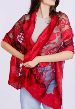 Esarfa eleganta cu motive florale rosii pe voal fin negru imagine