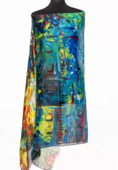 Esarfa fina din bumbac cu impriemeu pictural albastru, galben si rosu imagine