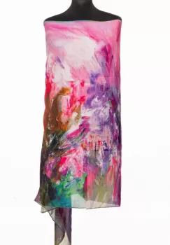 Esarfa fina din bumbac cu impriemeu pictural fucsia, mov si verde imagine