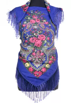 Esarfa gipsy patrata mare, tip Pavlovo Posad cu imprimeu floral traditional pe fond albastru imagine