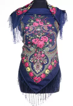 Esarfa gipsy patrata mare, tip Pavlovo Posad cu imprimeu floral traditional pe fond bleumarin inchis imagine