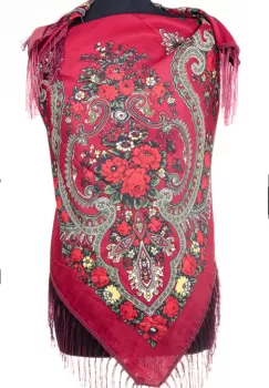 Esarfa gipsy patrata mare, tip Pavlovo Posad cu imprimeu floral traditional pe fond bordo imagine