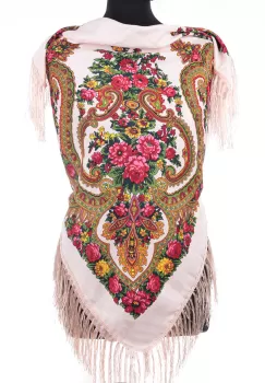 Esarfa gipsy patrata mare, tip Pavlovo Posad cu imprimeu floral traditional pe fond ivory imagine