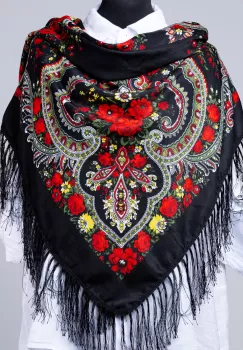 Esarfa gipsy patrata mare, tip Pavlovo Posad cu imprimeu floral traditional pe fond negru imagine