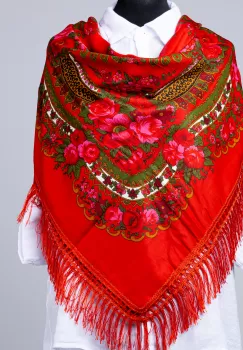 Esarfa gipsy patrata mare, tip Pavlovo Posad cu imprimeu floral traditional pe fond rosu imagine
