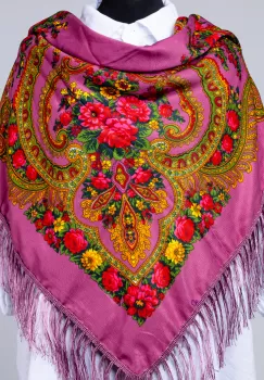 Esarfa gipsy patrata mare, tip Pavlovo Posad cu imprimeu floral traditional pe fond roz inchis imagine