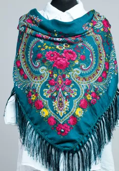 Esarfa gipsy patrata mare, tip Pavlovo Posad cu imprimeu floral traditional pe fond turcoaz inchis imagine