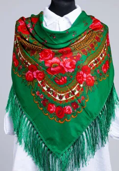Esarfa gipsy patrata mare, tip Pavlovo Posad cu imprimeu floral traditional pe fond verde imagine