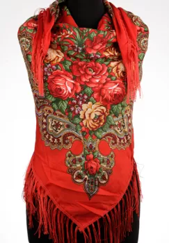 Esarfa gipsy patrata mare, tip Pavlovo Posad cu trandafiri pe fond rosu imagine