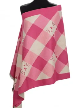 Esarfa mare din casmir cu dubla fata in carouri cu pisici stilizate, fucsia si alb imagine