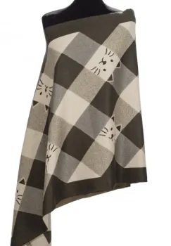 Esarfa mare din casmir cu dubla fata in carouri cu pisici stilizate, kaki si alb imagine