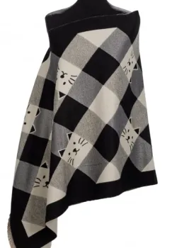 Esarfa mare din casmir cu dubla fata in carouri cu pisici stilizate, negru si alb imagine