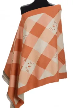 Esarfa mare din casmir cu dubla fata in carouri cu pisici stilizate, portocaliu si alb imagine