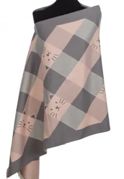 Esarfa mare din casmir cu dubla fata in carouri cu pisici stilizate, roz si gri imagine