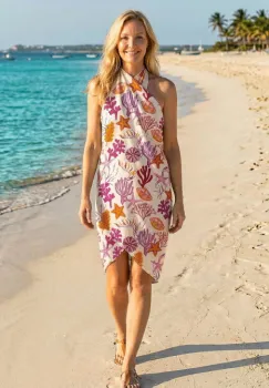 Esarfa mare dreptunghiulara tip pareo, cu imprimeu marin, exotic fucsia si portocaliu pe fond alb, din bumbac imagine