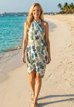 Esarfa mare dreptunghiulara tip pareo, cu imprimeu marin, exotic verde si albastru pe fond alb, din bumbac imagine