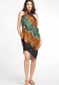 Esarfa mare dreptunghiulara tip pareo, cu imprimeu multicolor pe fond negru, din bumbac imagine