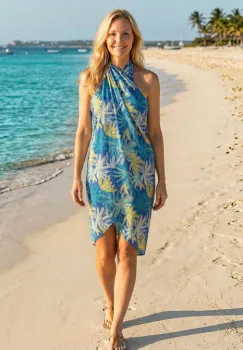 Esarfa mare dreptunghiulara tip pareo, cu imprimeu vegetal exotic pe fond albastru, din bumbac imagine