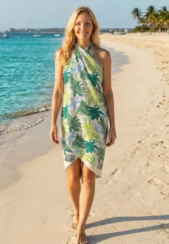 Esarfa mare dreptunghiulara tip pareo, cu imprimeu vegetal exotic verde pe fond alb, din bumbac imagine