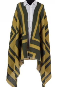 Esarfa mare tip sal cu dubla fata, imprimeu joc de linii cu galbene si verde oliv imagine