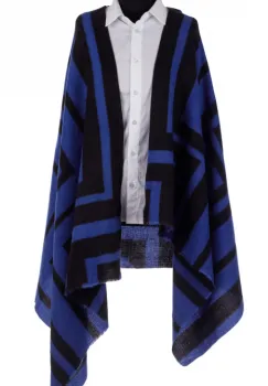 Esarfa mare tip sal cu dubla fata, imprimeu joc de linii cu negru si albastru imagine