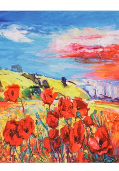 Esarfa patrata cu o singura fata cu imprimeu peisaj campenesc cu maci imagine