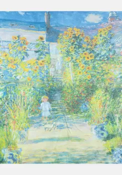 Esarfa patrata cu o singura fata cu reproducere dupa peisaj marin cu far si copil imagine