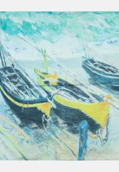 Esarfa patrata cu o singura fata imprimata cu reproducere dupa peisaj marin cu 3 barci imagine