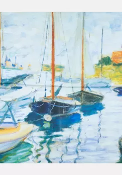 Esarfa patrata cu o singura fata imprimata cu reproducere dupa peisaj marin cu 3 barci cu catarg imagine