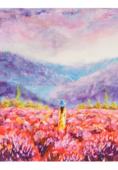 Esarfa patrata cu o singura fata imprimata cu reproducerea dupa o pictura cu fata in lan de flori imagine