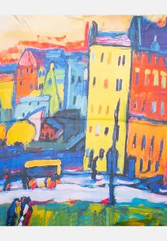 Esarfa patrata cu o singura fata imprimata cu reproduceri dupa picturi celebre cu case imagine