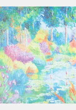 Esarfa patrata cu o singura fata imprimata cu un peisaj campenesc cu gradini inflorite imagine