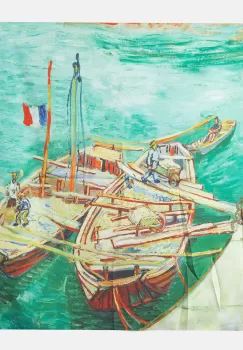 Esarfa patrata cu o singura fata imprimata dupa reproducerea unui tablou cu barci imagine