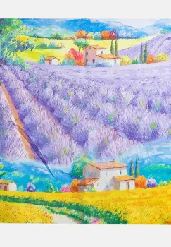 Esarfa patrata cu o singura fata imprimata dupa reproducerea unui tablou cu gradina de lavanda imagine