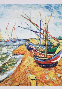 Esarfa patrata cu o singura fata, imprimeu dupa o pictura cu barci pe plaja a lui Van Gogh imagine