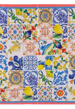 Esarfa patrata cu o singura fata, imprimeu marocan cu albastru, galben si corai imagine