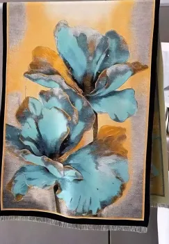 Esarfa premium din lana si bumbac cu imprimeu floral cu turcoaz si galben imagine