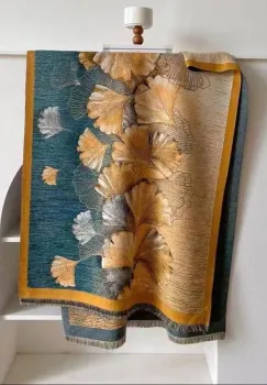 Esarfa premium din lana si vascoza cu frunze de ginko in nunate de mustar su tutcoaz inchis imagine