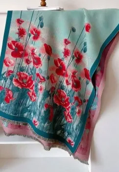 Esarfa premium din lana si vascoza cu maci rosii pe fond albastru si turcoaz imagine