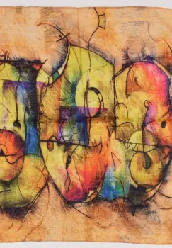 Esarfa tip batic cu imprimeu grafic abstract pe fond camel imagine