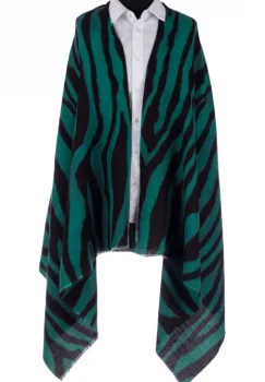 Esarfa tip sal pufos cu lana, imprimeu animal print cu negru si verde, dubla fata imagine